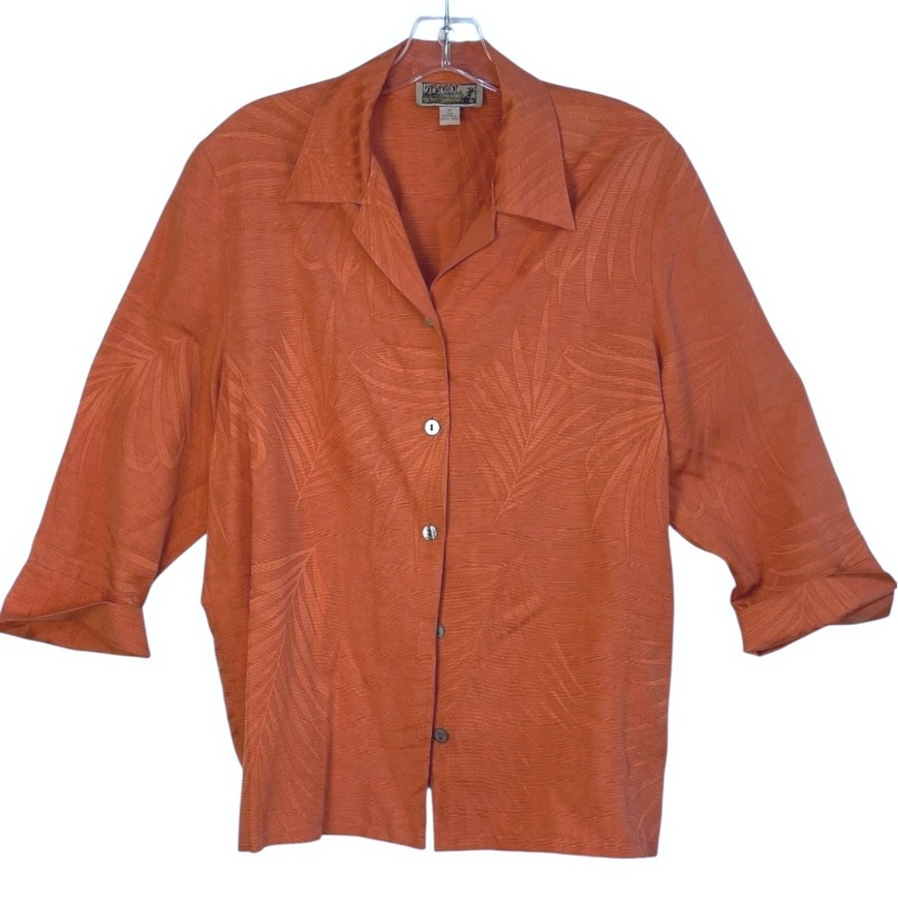 TIKI Classic Button Down Shirt Jacket 100% Silk‎ Burnt Orange Palm Leaf Resort M